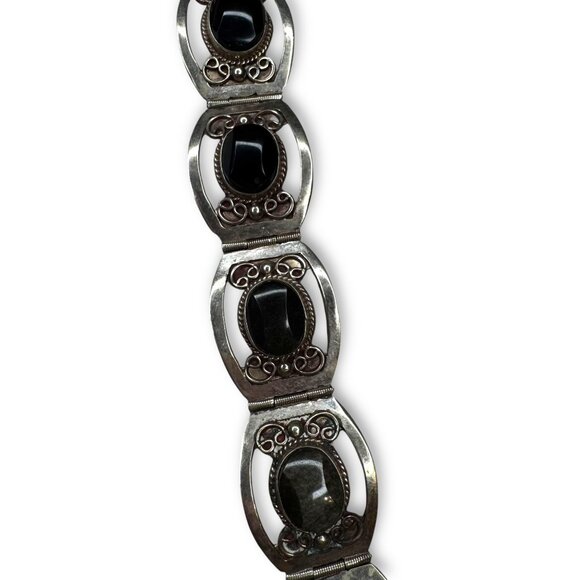 Vintage Mexico Alpaca Silver Gold Sheen Obsidian Panel Bracelet 7.25 - Picture 9 of 12